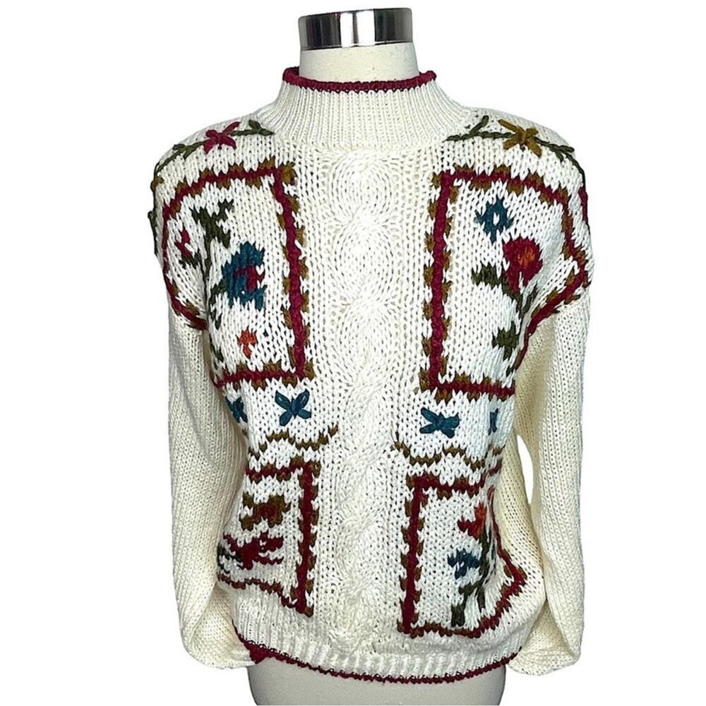 Vintage‎ 80s 90s Floral Embroidered Mock Neck Cottagecore Sweater M - Picture 3 of 9